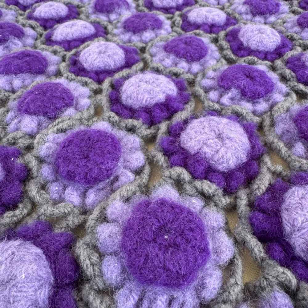Handmade Crochet Wool 3D Puff Flower Lap Blanket Purple Lavender Throw 26x33